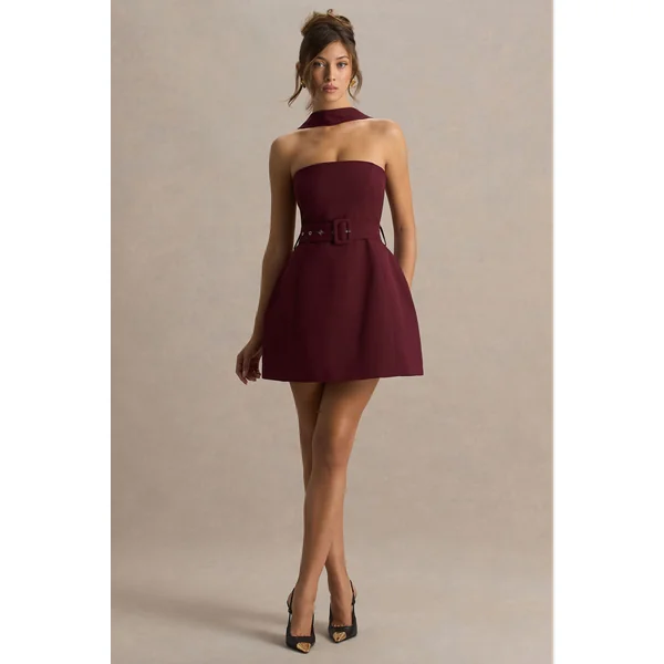 Timberly | Mini-robe cintrée bordeaux à col haut