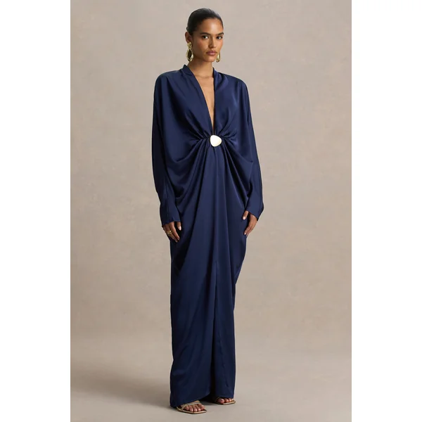 Tina | Robe longue en satin bleu marine ornée avec décolleté plongeant