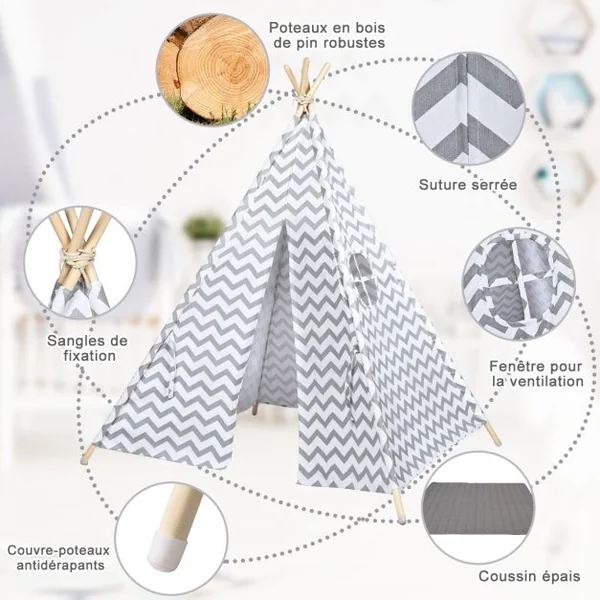 Tipi d'Indien pour Enfants avec Tapis et Sac de Transport 160 x 120 x 120 cm