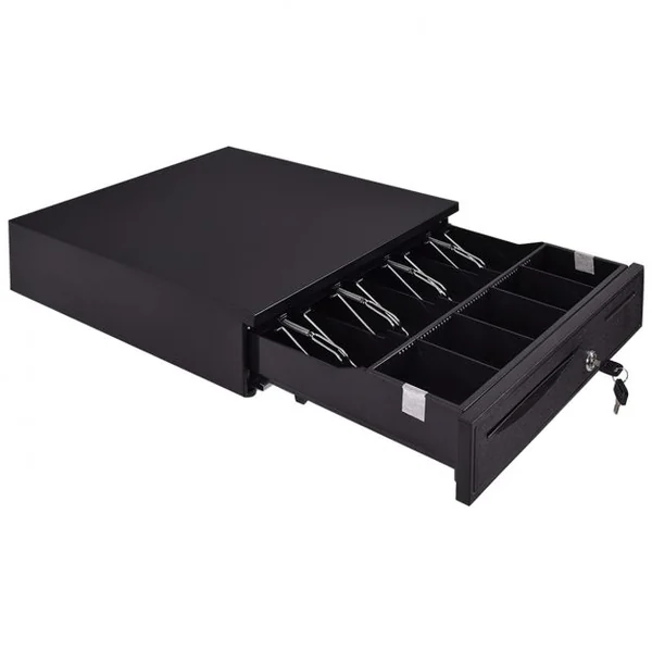 Tiroir-caisse Coulissant en Métal 5 Cases Monnaie et 4 Cases Billets avec 2 Clés et Câble de Connexion 40,5x42x9cm Noir
