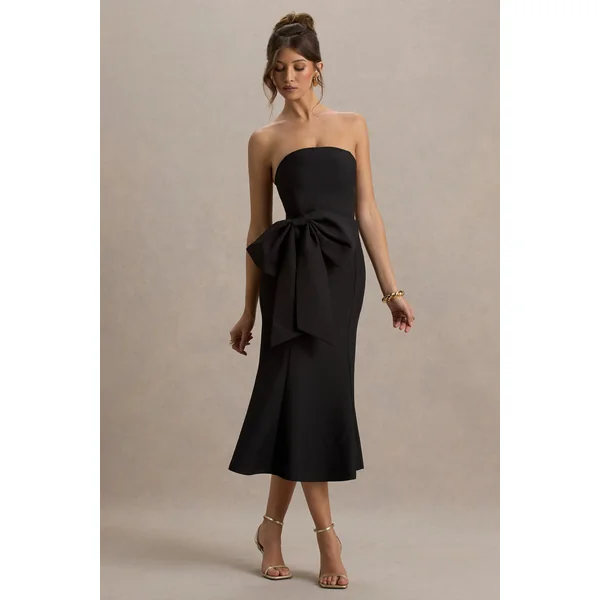 To Me | Robe Midi Bandeau Noire avec Nœud Oversize