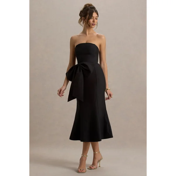 To Me | Robe Midi Bandeau Noire avec Nœud Oversize