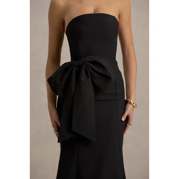 To Me | Robe Midi Bandeau Noire avec Nœud Oversize
