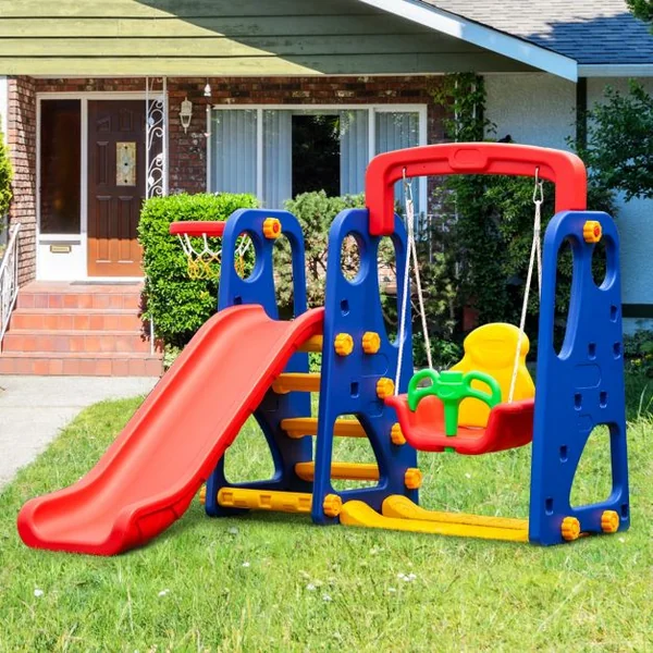 Toboggan Enfants Aire de Jeux 3 en 1 avec Balançoire Portique Panier de Basketball Escalade