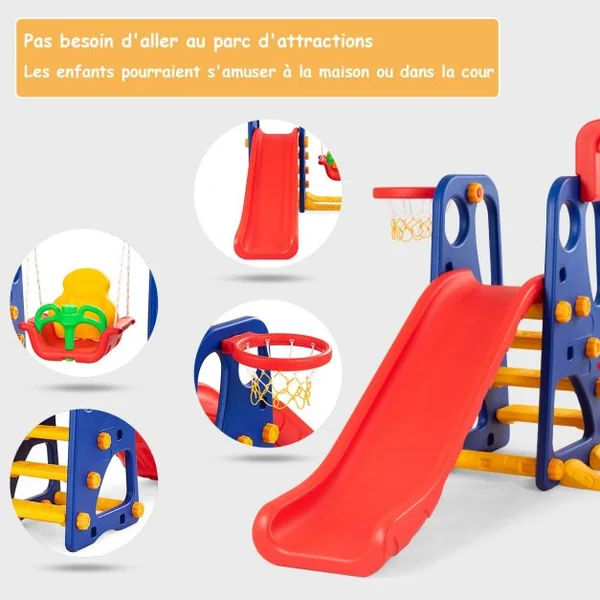 Toboggan Enfants Aire de Jeux 3 en 1 avec Balançoire Portique Panier de Basketball Escalade