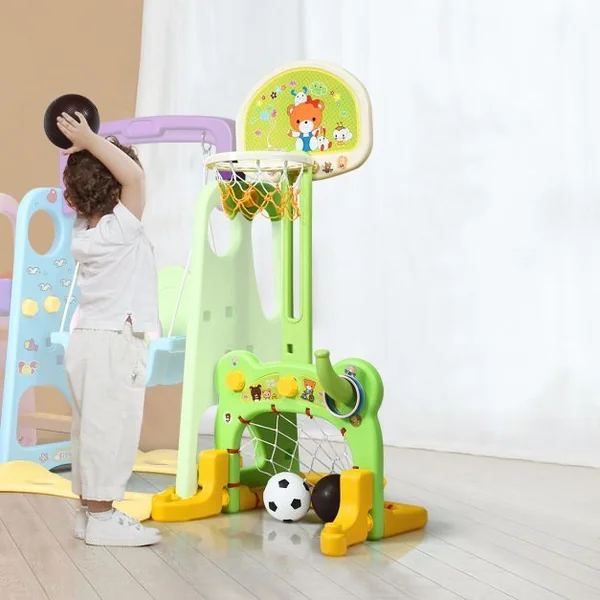 Toboggan pour Enfants Aire de Jeux 6 en 1 Balançoire Portique Panier de Basketball Escalade But de Football