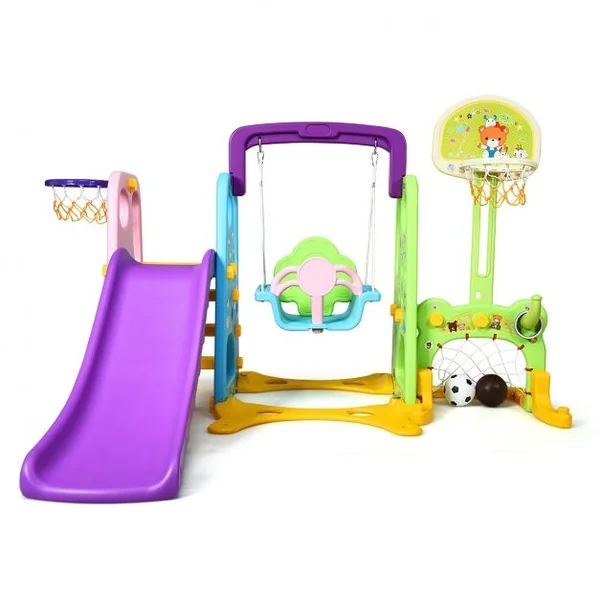 Toboggan pour Enfants Aire de Jeux 6 en 1 Balançoire Portique Panier de Basketball Escalade But de Football