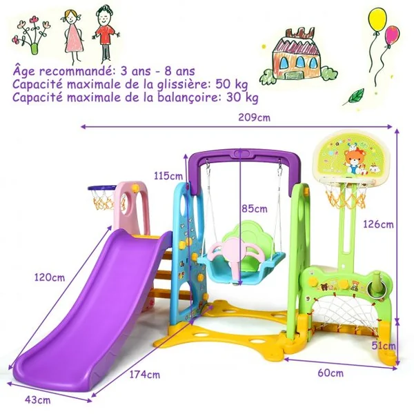 Toboggan pour Enfants Aire de Jeux 6 en 1 Balançoire Portique Panier de Basketball Escalade But de Football