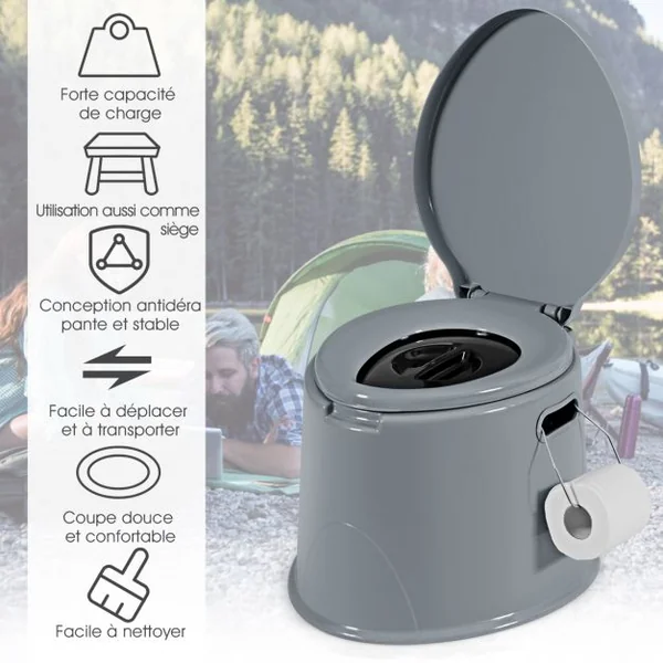 Toilette Portable pour Camping et Extérieur avec Seau Intérieur 5L Poignées Capacité 200kg en PP 41x49x34cm Gris