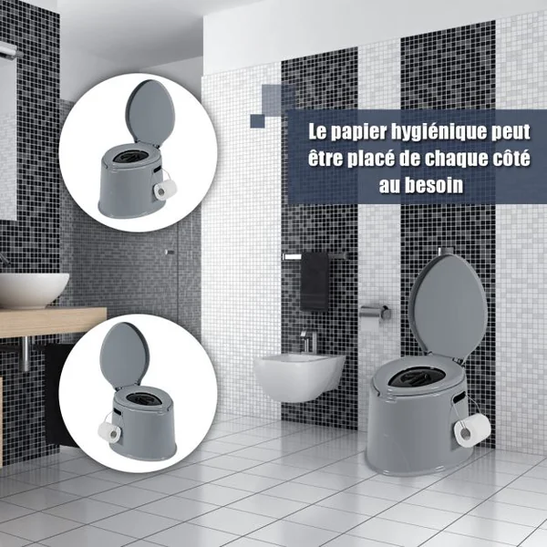 Toilette Portable pour Camping et Extérieur avec Seau Intérieur 5L Poignées Capacité 200kg en PP 41x49x34cm Gris