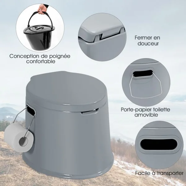 Toilette Portable pour Camping et Extérieur avec Seau Intérieur 5L Poignées Capacité 200kg en PP 41x49x34cm Gris