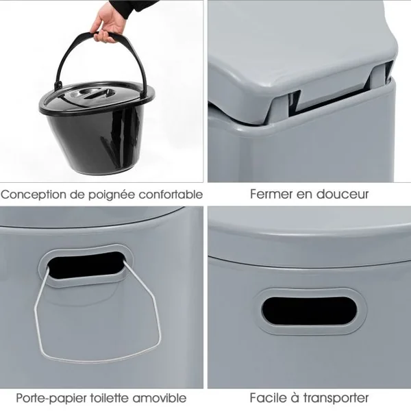 Toilette Portable pour Camping et Extérieur avec Seau Intérieur 5L Poignées Capacité 200kg en PP 41x49x34cm Gris