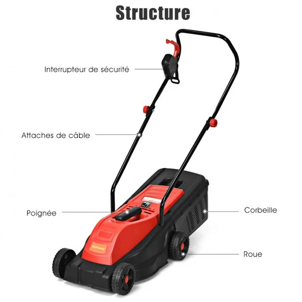 Tondeuse à Gazon Électrique à fil 1200W Hauteur Réglable à 3 Niveaux Bac de Ramassage 30L Largeur de Coupe 32cm, Rouge
