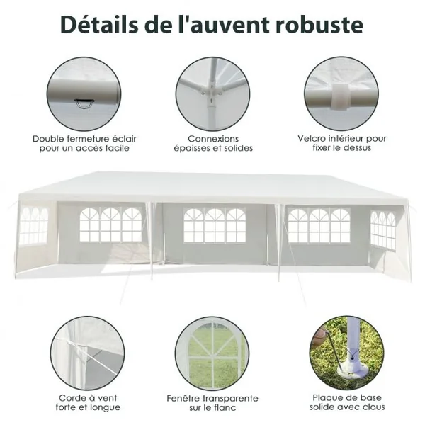 Tonnelle de Jardin Tente de Réception 5 Murs Amovibles et Fenêtre sur Côté en Acier et PE 900x300x260cm Blanc