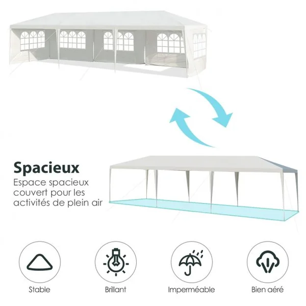 Tonnelle de Jardin Tente de Réception 5 Murs Amovibles et Fenêtre sur Côté en Acier et PE 900x300x260cm Blanc