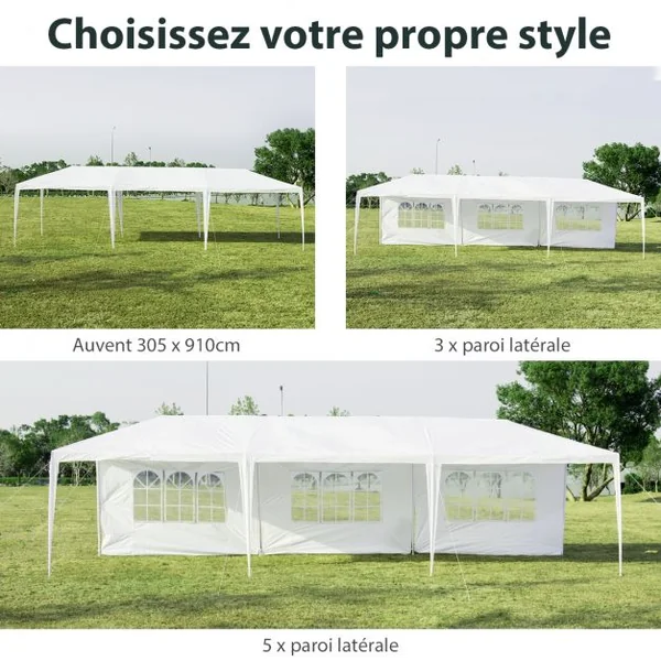 Tonnelle de Jardin Tente de Réception 5 Murs Amovibles et Fenêtre sur Côté en Acier et PE 900x300x260cm Blanc