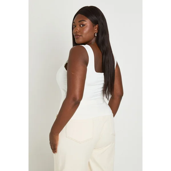 Top Court Grande Taille Double Épaisseur Col Carré Tissu Slinky