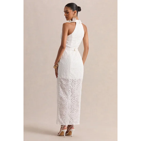 Tover | Robe longue blanche en broderie anglaise à encolure plongeante