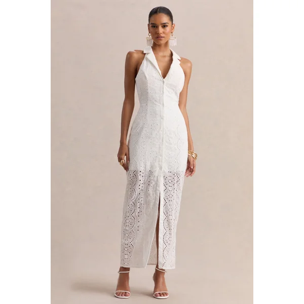 Tover | Robe longue blanche en broderie anglaise à encolure plongeante