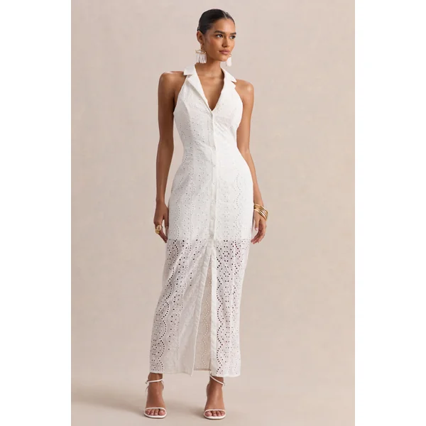 Tover | Robe longue blanche en broderie anglaise à encolure plongeante