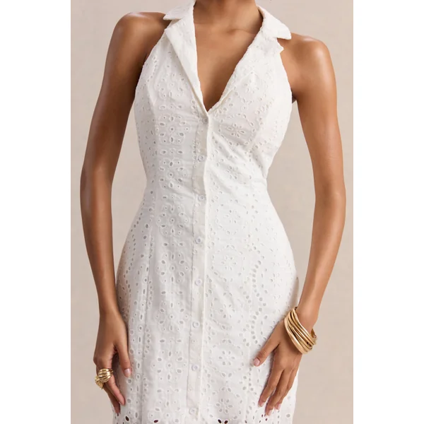 Tover | Robe longue blanche en broderie anglaise à encolure plongeante