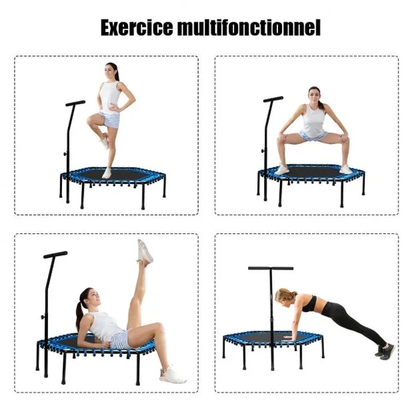 Trampoline de Fitness ø100CM avec Poignée en Forme T Réglable en Hauteur sur 3 Positions Charge Max. 150KG Bleu