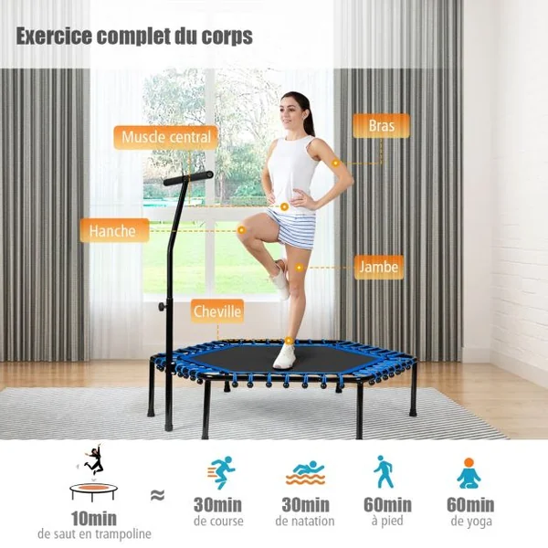 Trampoline de Fitness ø100CM avec Poignée en Forme T Réglable en Hauteur sur 3 Positions Charge Max. 150KG Bleu