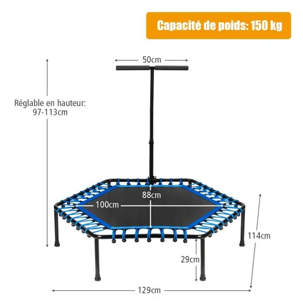 Trampoline de Fitness ø100CM avec Poignée en Forme T Réglable en Hauteur sur 3 Positions Charge Max. 150KG Bleu