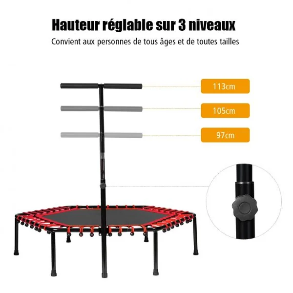 Trampoline de Fitness ø100CM avec Poignée en Forme T Réglable en Hauteur sur 3 Positions Charge Max. 150KG Rouge