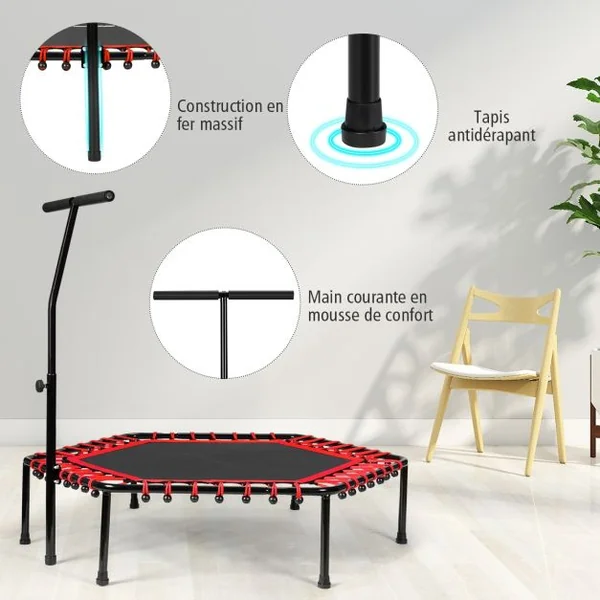 Trampoline de Fitness ø100CM avec Poignée en Forme T Réglable en Hauteur sur 3 Positions Charge Max. 150KG Rouge