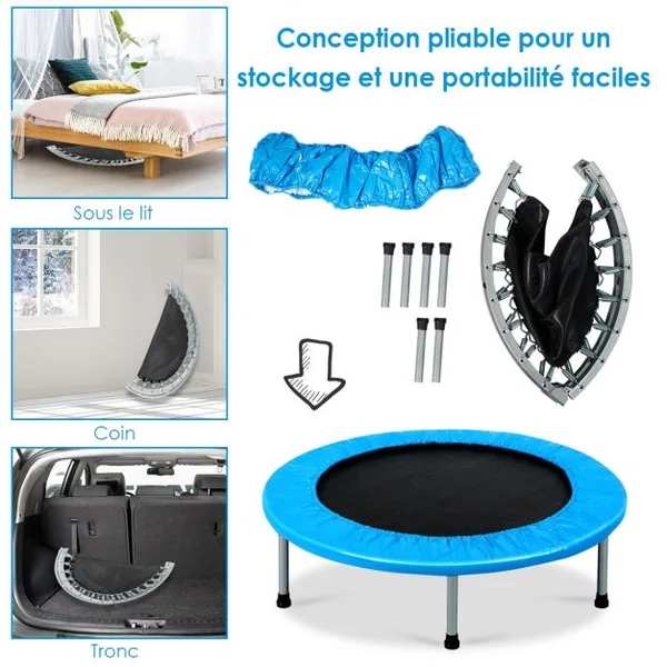 Trampoline de Fitness Ø97CM Pliable Capacité Max. 100KG pour Aérobic Adultes et Enfants 97x97x19cm Bleu