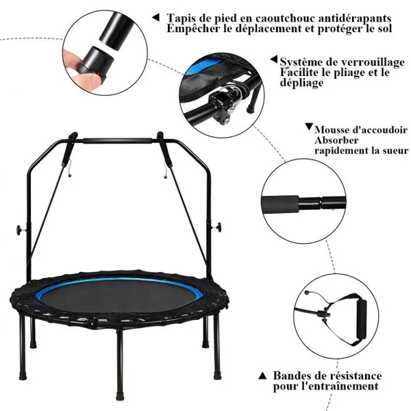 Trampoline de Fitness/Gymnastique Ø102cm avec Bande de Résistance et Poignée Réglable sur 3 Positions Charge Max.120kg