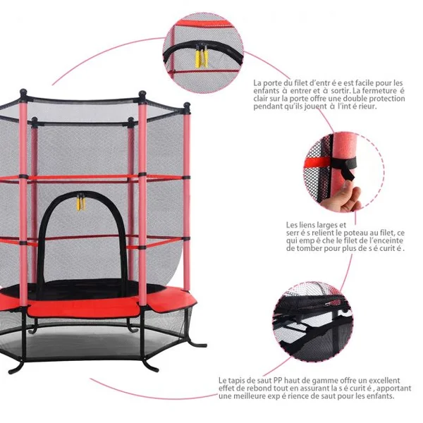 Trampoline de Jardin pour Enfant de 3 à 6 Ans Filet de Sécurité Coussinet de Protections Capacité 50kg 140x163 Cm Rouge
