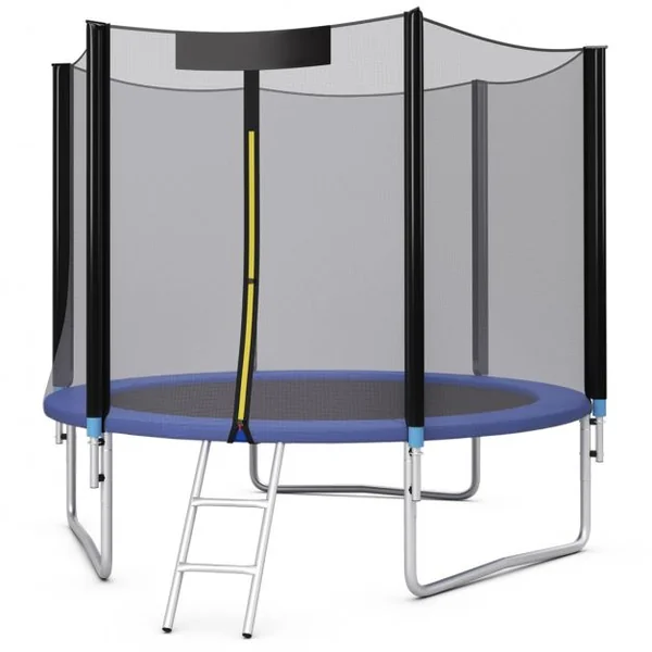 Trampoline de Jardin Ø 244cm avec Filet de Sécurité Porte Entrée Echelle Noir et Bleu