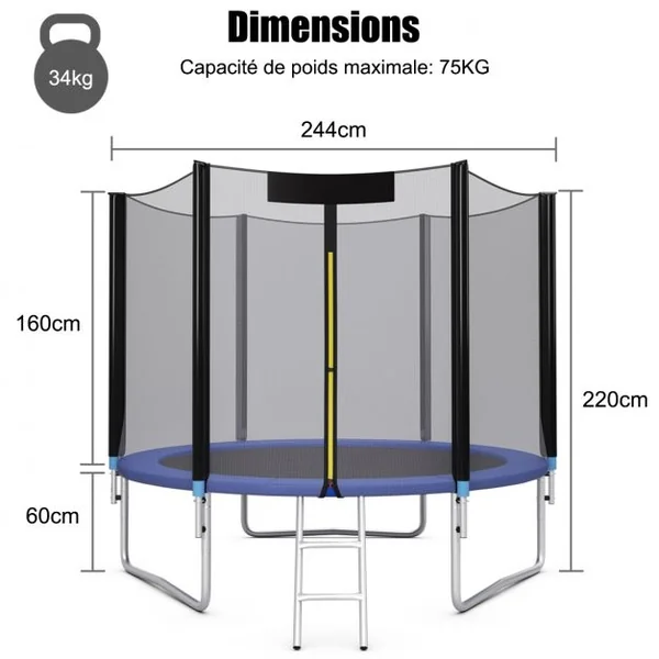 Trampoline de Jardin Ø 244cm avec Filet de Sécurité Porte Entrée Echelle Noir et Bleu