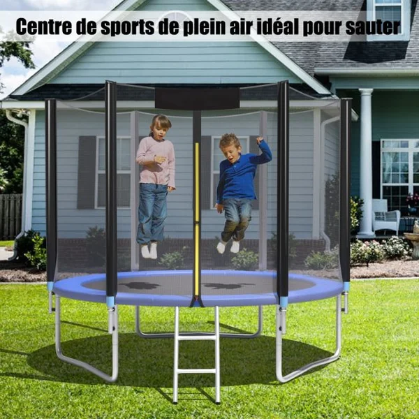 Trampoline de Jardin Ø 244cm avec Filet de Sécurité Porte Entrée Echelle Noir et Bleu