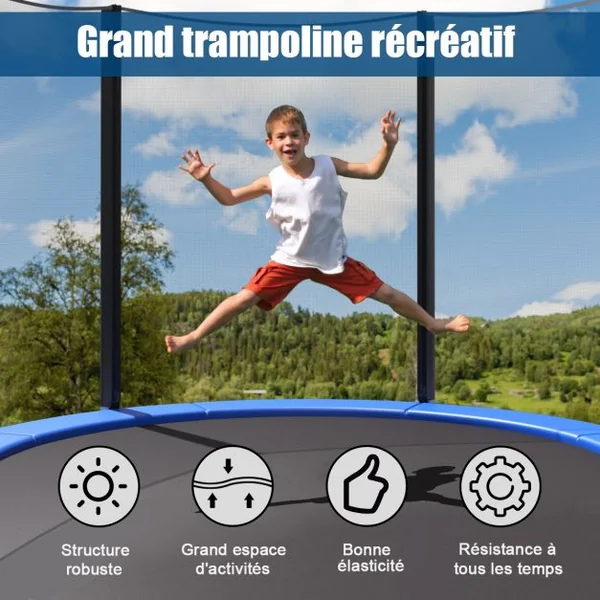 Trampoline de Jardin Ø 244cm avec Filet de Sécurité Porte Entrée Echelle Noir et Bleu