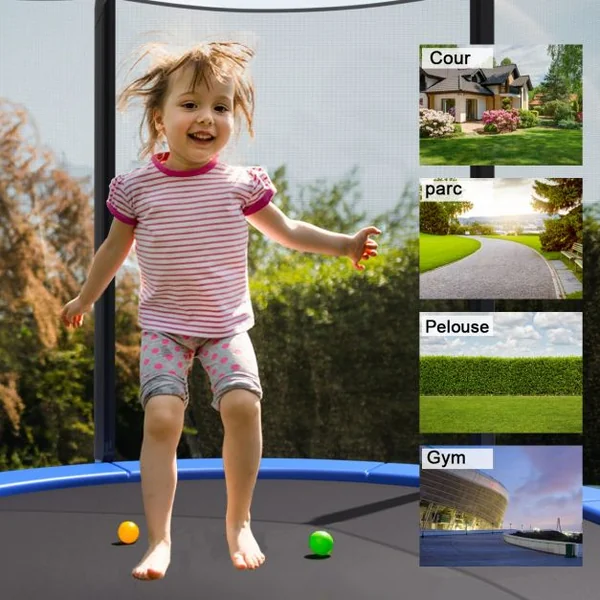 Trampoline de Jardin Ø 244cm avec Filet de Sécurité Porte Entrée Echelle Noir et Bleu
