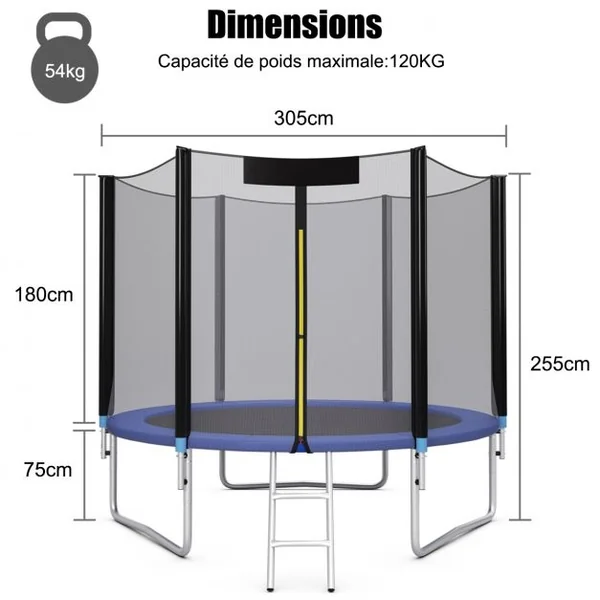 Trampoline de Jardin Ø 305cm avec Filet de Sécurité Porte Entrée Echelle Noir et Bleu