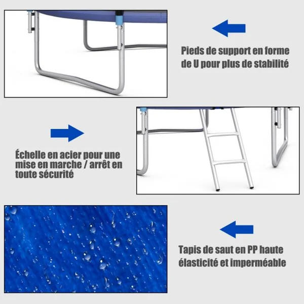 Trampoline de Jardin Ø 305cm avec Filet de Sécurité Porte Entrée Echelle Noir et Bleu
