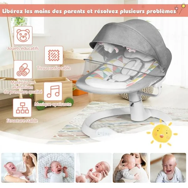Transat Balancelle Electrique pour Bébé à 9KG avec Télécommande 5 Amplitudes de Vibration Minuterie Bluetooth/USB