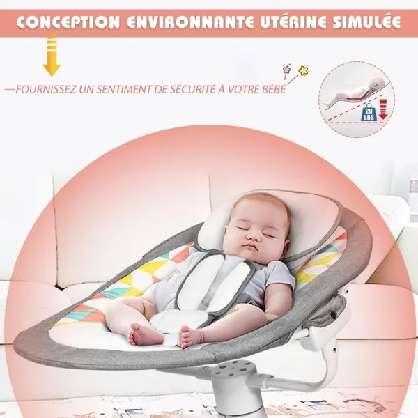 Transat Balancelle Electrique pour Bébé à 9KG avec Télécommande 5 Amplitudes de Vibration Minuterie Bluetooth/USB