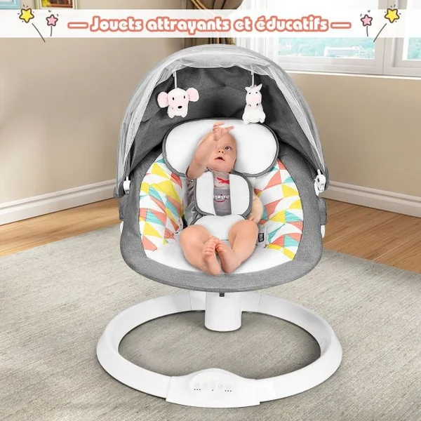 Transat Balancelle Electrique pour Bébé à 9KG avec Télécommande 5 Amplitudes de Vibration Minuterie Bluetooth/USB