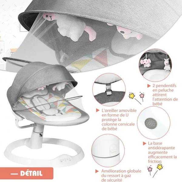 Transat Balancelle Electrique pour Bébé à 9KG avec Télécommande 5 Amplitudes de Vibration Minuterie Bluetooth/USB