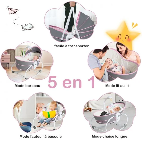 Transat Bébé 5 en 1 Lit Berceau Portable Boîte Musical Auvent Amovible Barrière et Dossier Ajustables79x52,5x80cm Rose