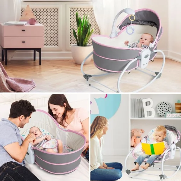 Transat Bébé 5 en 1 Lit Berceau Portable Boîte Musical Auvent Amovible Barrière et Dossier Ajustables79x52,5x80cm Rose
