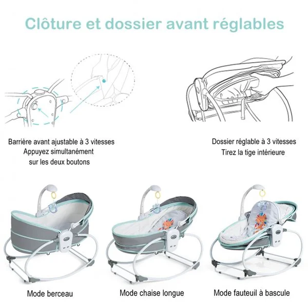 Transat Bébé 5 en 1 Lit Berceau Portable Boîte Musical Auvent Amovible Barrière et Dossier Ajustables79x52,5x80cm Vert