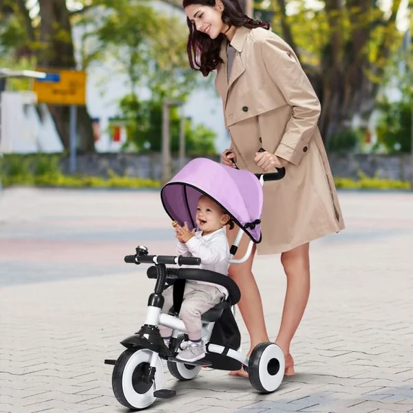 Tricycle Bébé Evolutif Vélo Enfant de 1 à 5 Ans Pliable avec Tige-poussoir et Pare-soleil Sac de Rangement 91x50x102cm