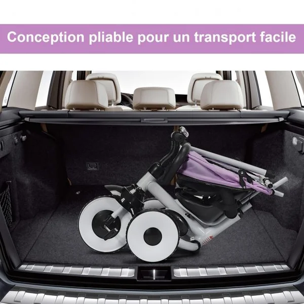 Tricycle Bébé Evolutif Vélo Enfant de 1 à 5 Ans Pliable avec Tige-poussoir et Pare-soleil Sac de Rangement 91x50x102cm