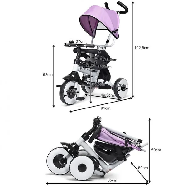 Tricycle Bébé Evolutif Vélo Enfant de 1 à 5 Ans Pliable avec Tige-poussoir et Pare-soleil Sac de Rangement 91x50x102cm